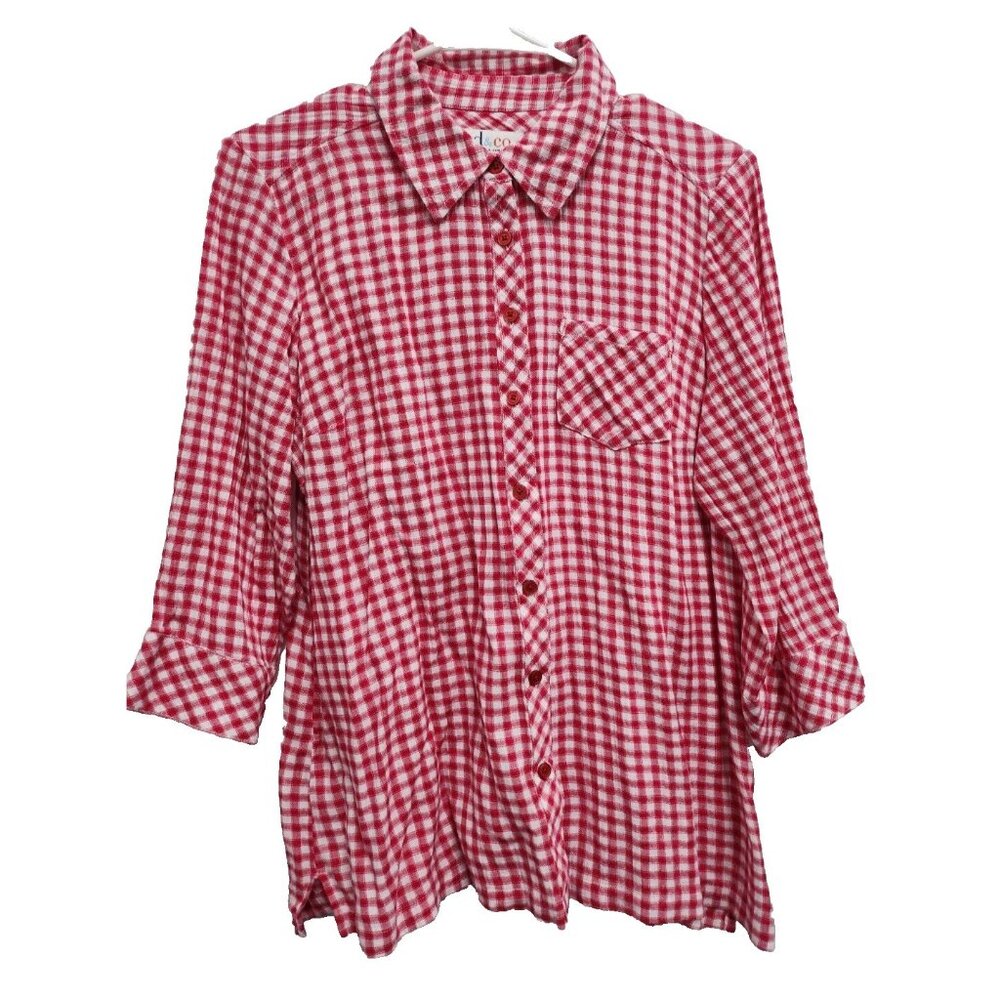 Denim & Co Womens Shirt Size Small Red‎ White Check 3/4 Sleeve Preppy Casual
